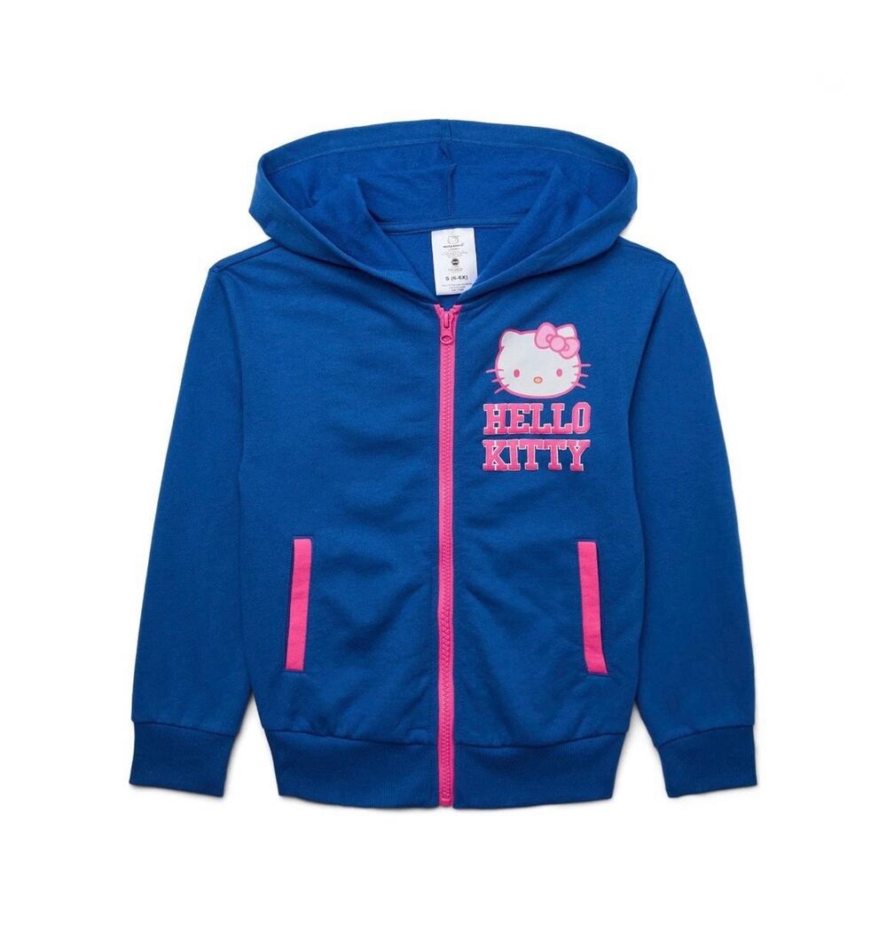 Hello Kitty Blue Pink Fleece Full Zip Up Girls Hoodie Jacket Size L 10/12